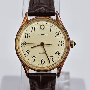 VTG Timex Q Women's Watch 25MM‎ Cream Dial New Brown Leather Bands New Battery